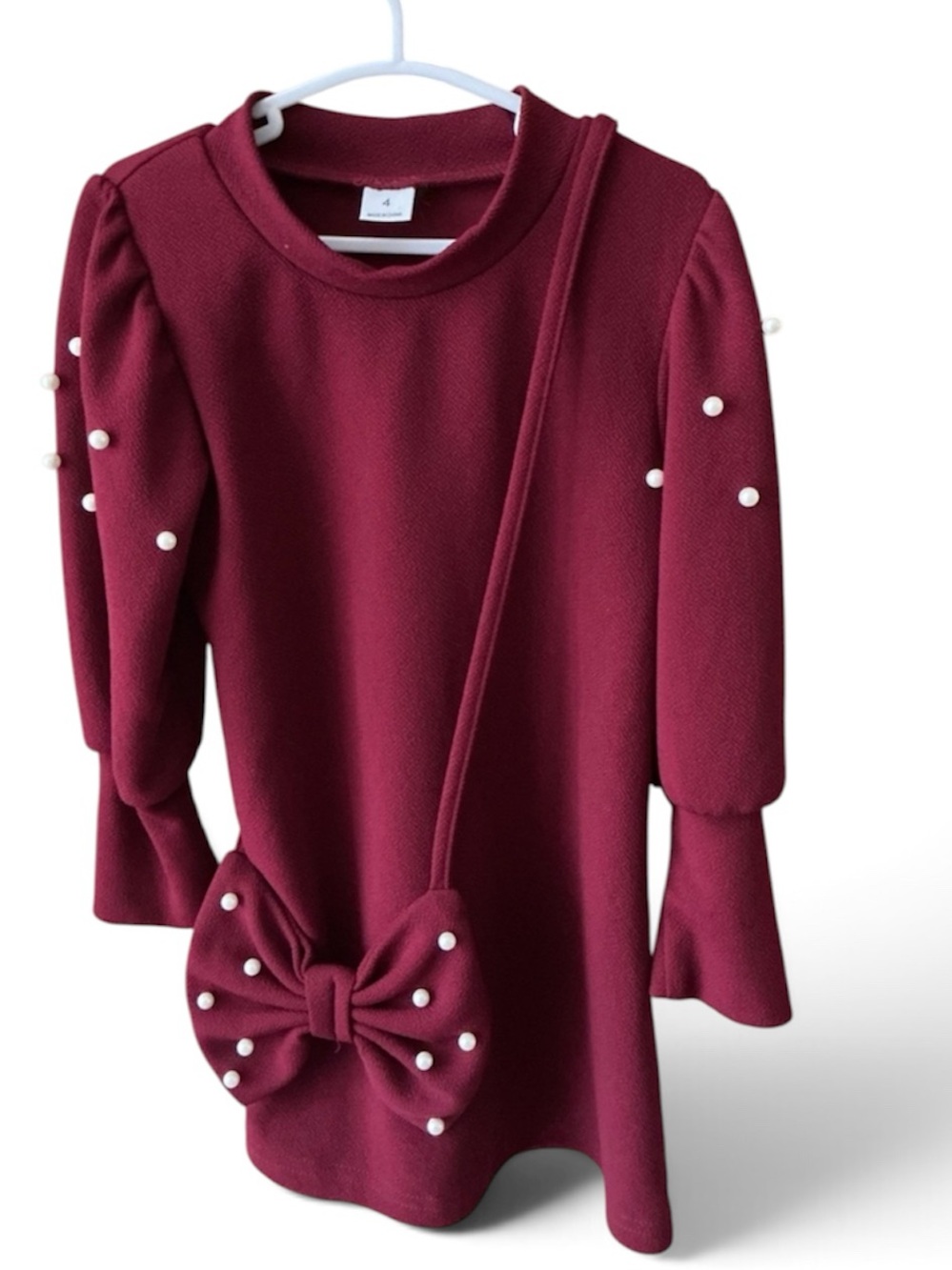 Girls Sz4 -Burgundy Pearl-Accent Dress Round Neck Bubble Sleeve & Bow CrossBody